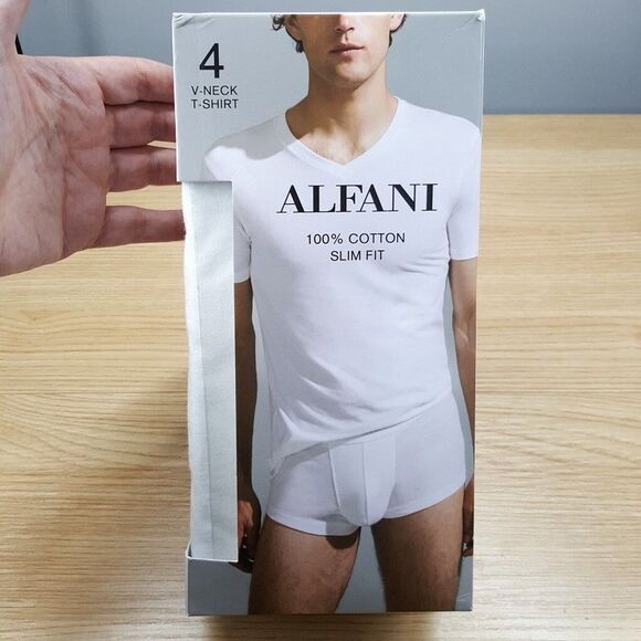 ALFANI Shirt Mens Small White 4-Pack V-Neck T-Shirt 100% Cotton Slim Fit - Picture 1 of 5
